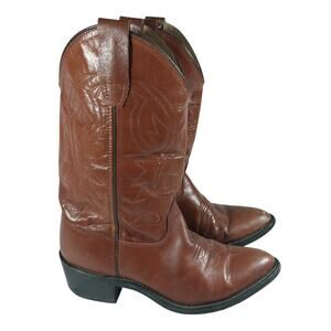 OLD WEST! PECAN BROWN GENUINE LEATHER WESTERN COWBOY BOOTS! FANCY STITCHED!SZ 6M